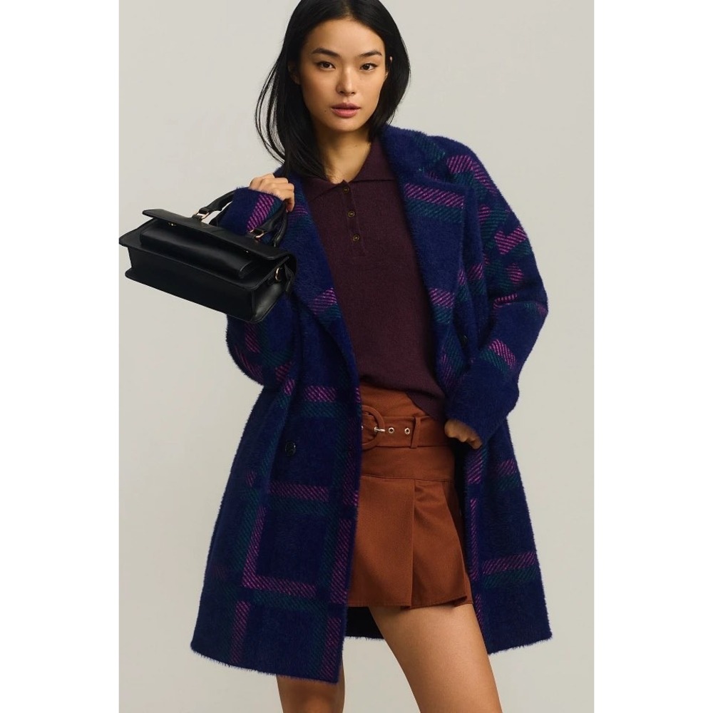Anthropologie NVLT Eyelash Plaid Fuzzy Knit Coat Womens Small Long Cardigan
